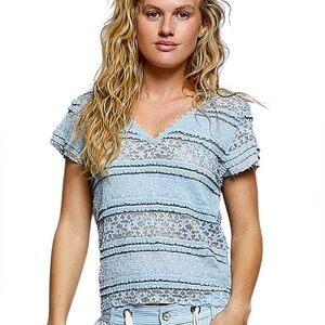 POL Pale Blue Lace Short Sleeve V-Neck Tee